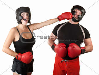 Laughing Lady Boxer Punches Man