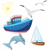 Boats dolphin seagulls