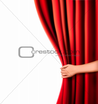 Background with red velvet curtain and hand