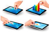 Set of tablet screen with graph and a hand