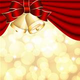 Christmas background with red curtain and gold bell.