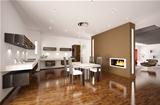 Modern kitchen with fireplace 3d render