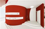 Interior of red white entrance hall 3d render