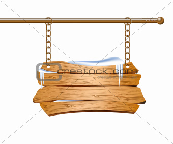 Wooden sign suspended on chains.