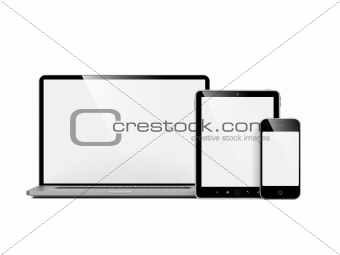 Computer, Laptop and Phone on White.