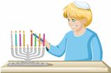 A Boy Lights A Hanukkiah Candle