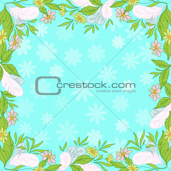 Flowers, leaves and feathers on blue background