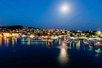 Aerial View on Illuminated Coast of Island Ciovo in the Night, C