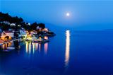 Peaceful Croatian Village and Adriatic Bay Illuminated by Moon, 