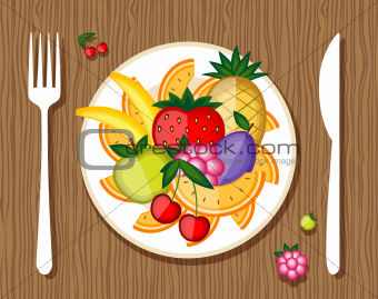 Fruits on plate with fork and knife on wooden background for your design