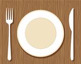 Empty plate with fork and knife on wooden background for your design
