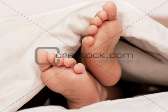 Baby feet under a blanket