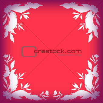 Silhouette leaves, flowers and feathers on red