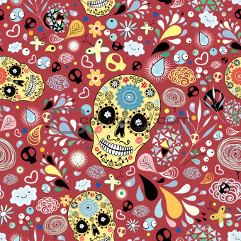floral texture with decorative skulls
