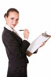Young smiling businesswoman with pen and paper clipboard