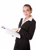 Teacher woman in business suit with book