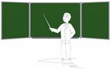 Drawn in pencil man shows pointer on the green board