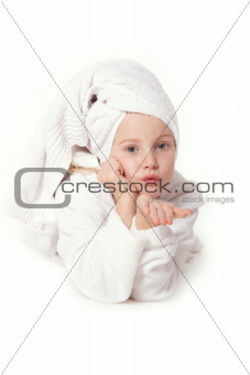young girl in white towel and bath robe
