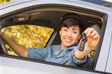 Happy Smiling Mixed Race Woman in Car Holding Set of Keys.