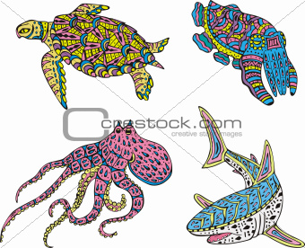 Stylized motley sea animals