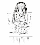 Anime girl with headphones sitting on bed