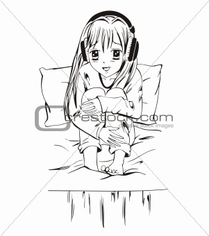 Anime girl with headphones sitting on bed