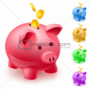 Five colorful piggy banks