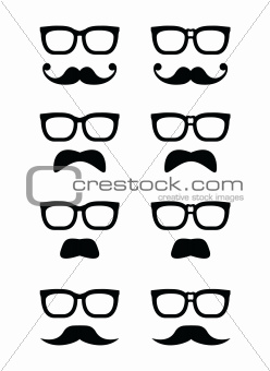 Geek glasses and moustache or mustache vector icons