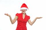 Happy young woman with Christmas hat over eyes shrugs