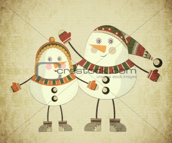 Two snowmen on grunge background