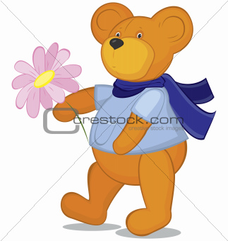 Teddy bear with flower in blue scarf