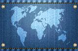 White world map on blue jeans background