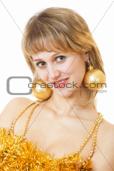 girl with earrings as Christmas balls