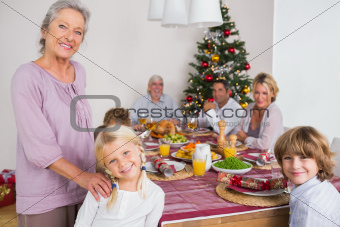 Smiling grandmother and granddaughter standing beside the dinner table at christmas