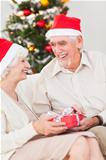 Elderly couple exchanging christmas gifts on couch