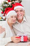 Happy elderly couple on the couch at christmas with gift