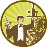 Waiter Serving Wine Grapes Barrel Retro
