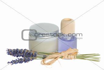 Lavender flowers and aroma oil with cream