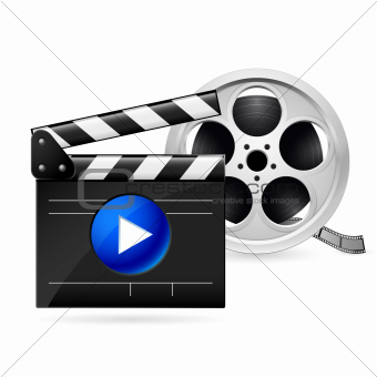 Movie clapboard and reel of film