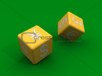 Dice with currency symbols at their sides