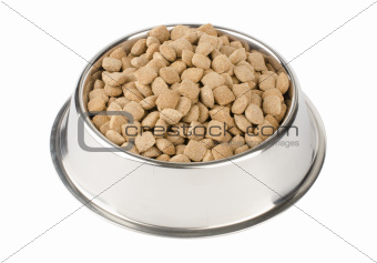 dry pet food in a metal bowl
