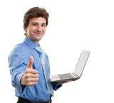 businessman with laptop computer showing his thumbs up