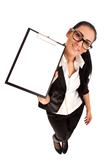 Funny portrait of woman holding clip board