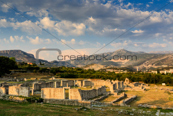 Ruins of Ancient Town of Salona and Distant Mountains near Split