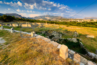 Ruins of Ancient Town of Salona and Distant Mountains near Split
