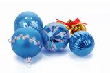 Blue christmas balls and small golden bells