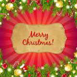 Red Christmas Background With Sunburst With Fir Tree