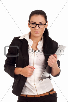 Woman holding clip board