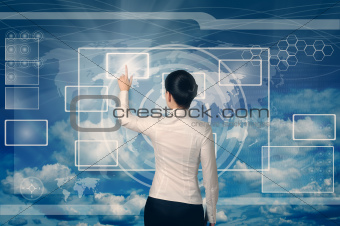 businesswoman pushing virtual button in web interface