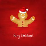 Gingerbread Man With Santa Hat And Old Red Background